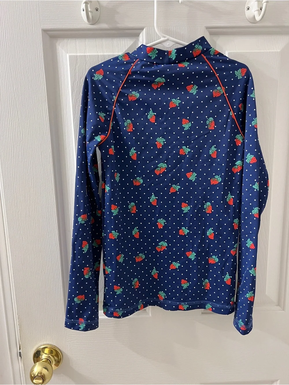Mini Boden Girls strawberry polka dot rash guard high neck swim top Sz 9-10